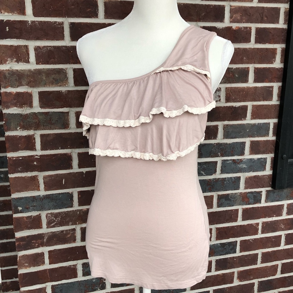 Charming Charlie tan cream lace one shoulder tank